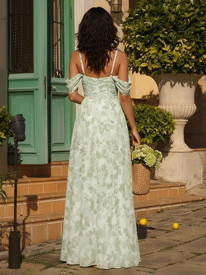 Chiffon Floral Off Shoulder Pleated A Line Long Bridesmaid Dresses