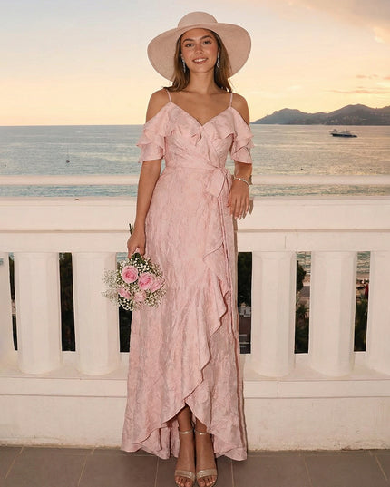 Satin Jacquard Off Shoulder Ruffles Long Bridesmaid Dresses with Slit