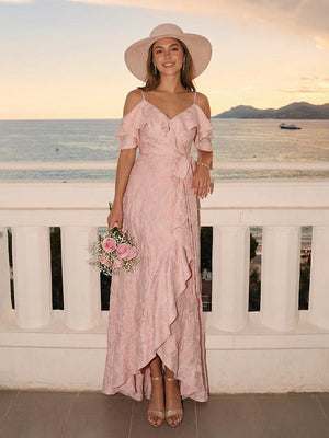 Satin Off Shoulder Ruffles Wedding Guest Dresses with Slit