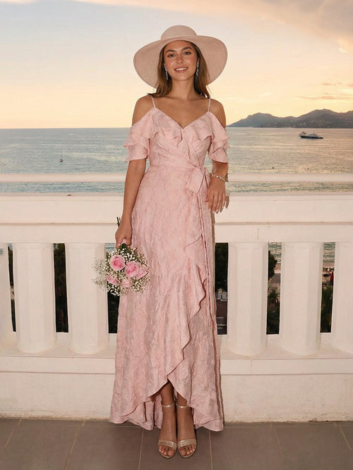 Satin Off Shoulder Ruffles Wedding Guest Dresses with Slit
