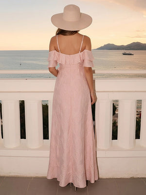 Satin Off Shoulder Ruffles Wedding Guest Dresses with Slit