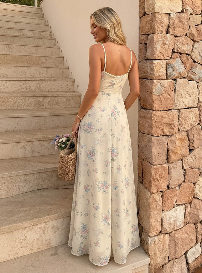 Chiffon Floral Sweetheart Long Wedding Guest Dresses with Slit