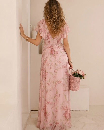 Chiffon Floral Short Sleeves Long Bridesmaid Dresses