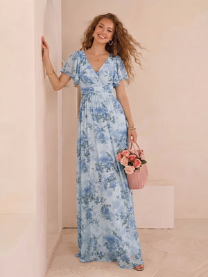Chiffon Floral Short Sleeves Long Formal Dresses