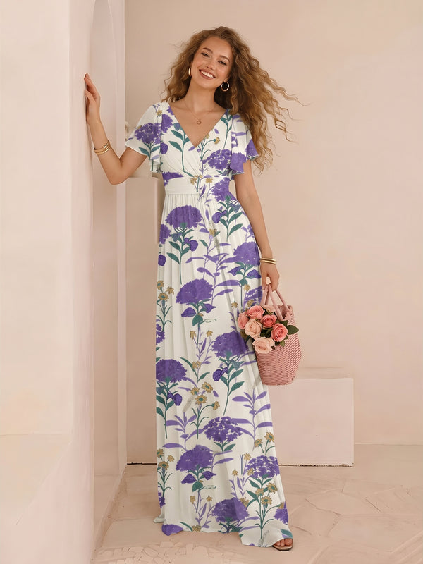 Chiffon Floral Short Sleeves Long Formal Dresses