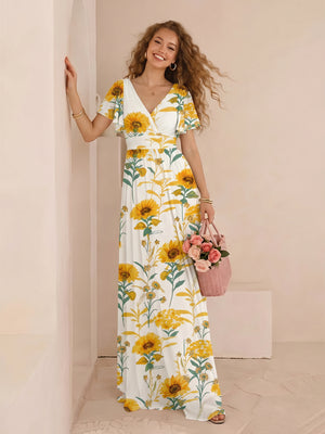 Chiffon Floral Short Sleeves Long Formal Dresses