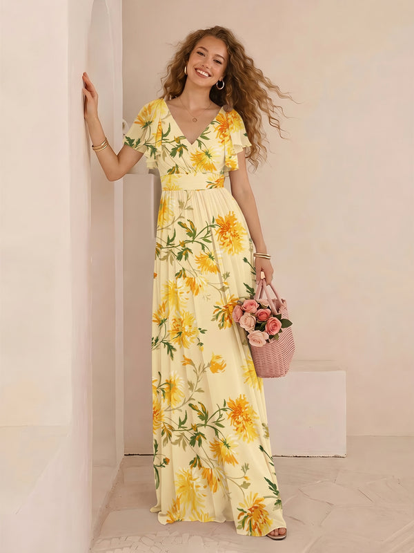 Chiffon Floral Short Sleeves Long Formal Dresses