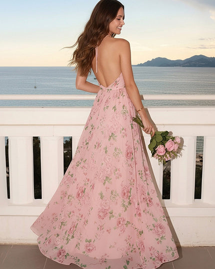 Chiffon Floral Halter Pleated Long Wedding Guest Dresses with Slit