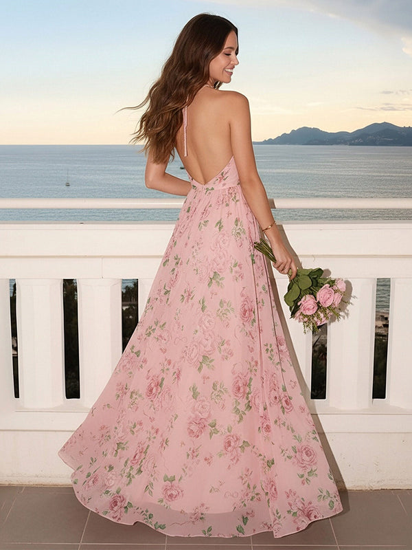 Chiffon Floral Halter Pleated Long Wedding Guest Dresses with Slit