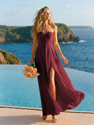 Chiffon Strapless Pleated Long Formal Dresses with Slit