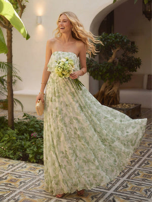 Floral Chiffon Strapless Pleated Long Bridesmaid Dresses