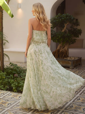 Floral Chiffon Strapless Pleated Long Bridesmaid Dresses