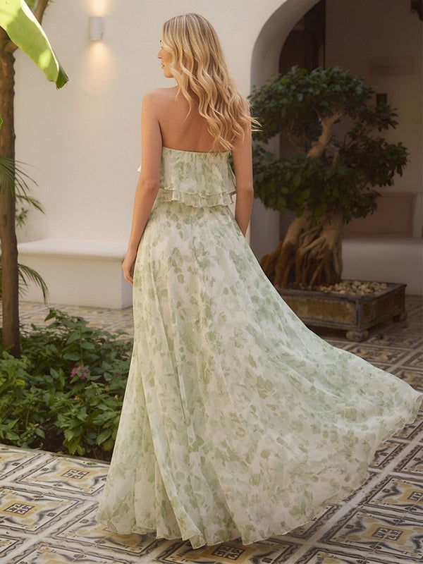 Floral Chiffon Strapless Pleated Long Bridesmaid Dresses