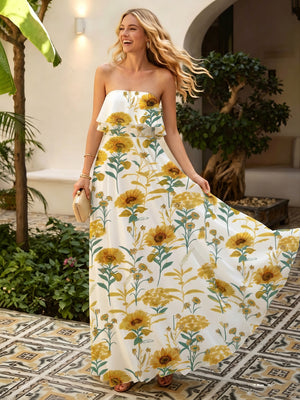 Floral Chiffon Strapless Pleated Long Formal Dresses
