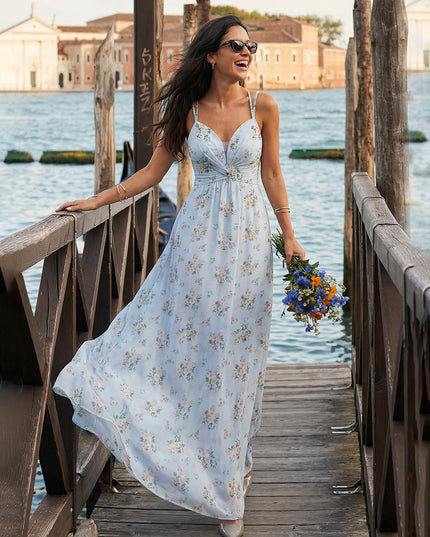 Floral Chiffon Spaghetti Straps Long Bridesmaid Dresses
