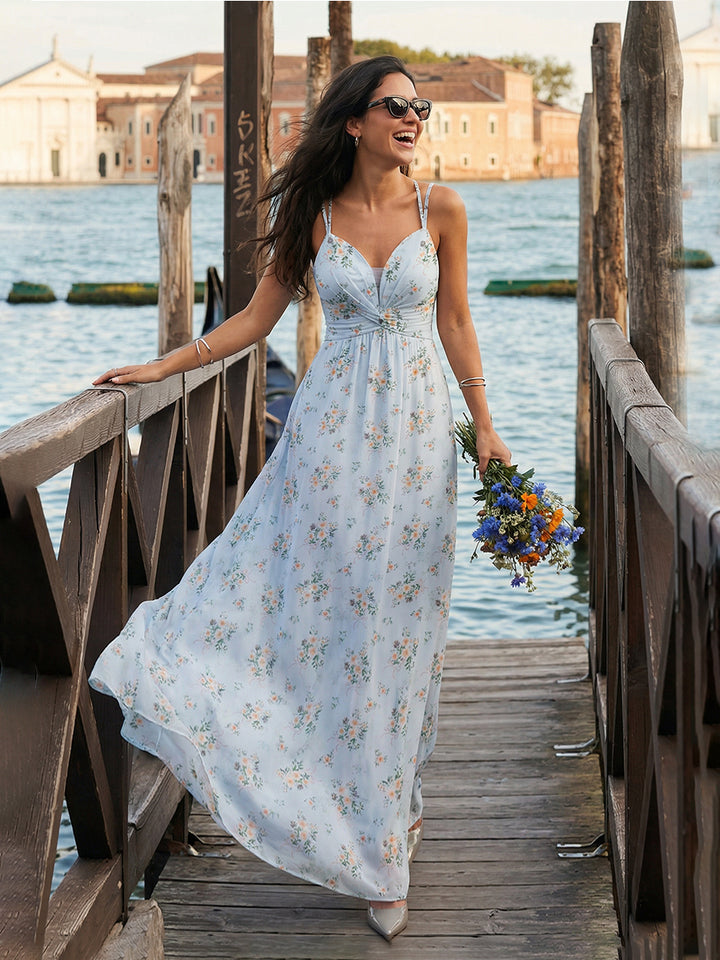Floral Chiffon Spaghetti Straps Long Formal Dresses