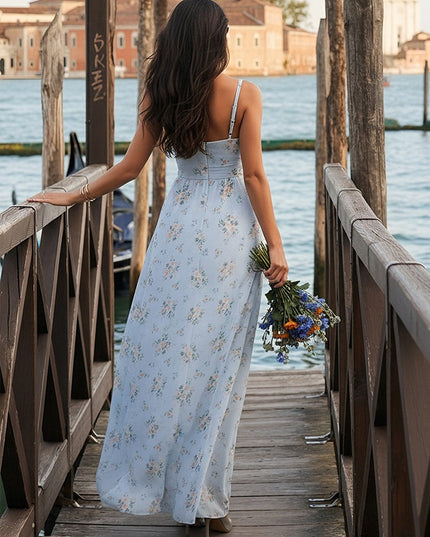 Floral Chiffon Spaghetti Straps Long Bridesmaid Dresses