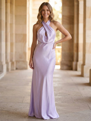 Satin Halter Pleated Cut Out Bridesmaid Dresses