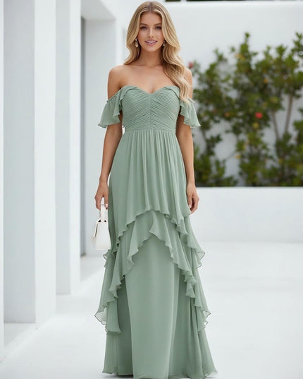 Chiffon Off the Shoulder Pleated Tiered Bridesmaid Dresses