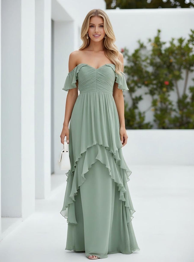 Chiffon Off the Shoulder Pleated Tiered Bridesmaid Dresses