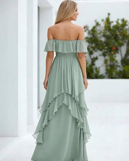 Chiffon Off the Shoulder Pleated Tiered Bridesmaid Dresses