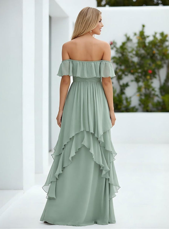 Chiffon Off the Shoulder Pleated Tiered Bridesmaid Dresses