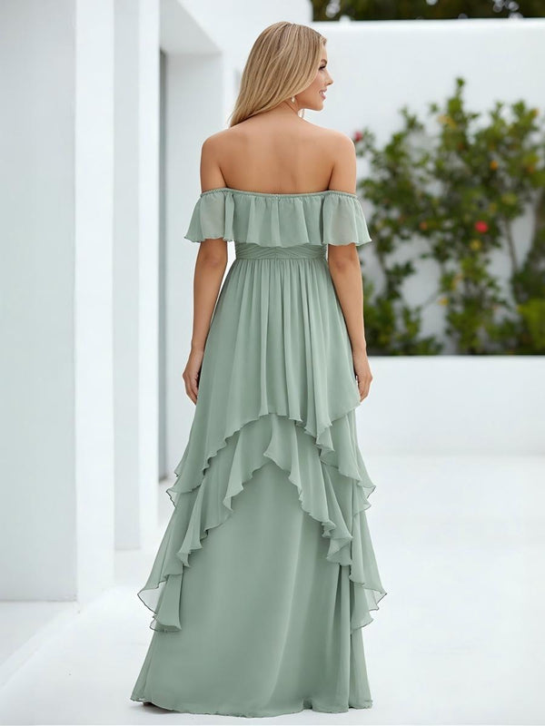 Chiffon Off the Shoulder Pleated Tiered Bridesmaid Dresses