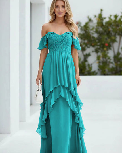 Chiffon Off the Shoulder Pleated Tiered Bridesmaid Dresses