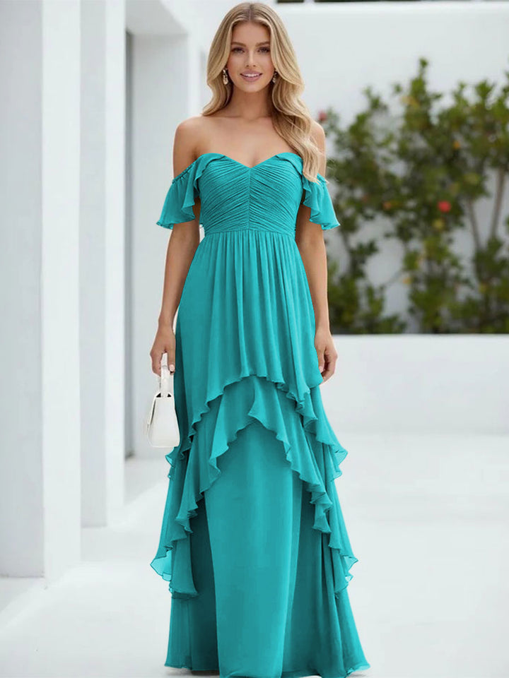 Chiffon Off the Shoulder Pleated Tiered Formal Dresses