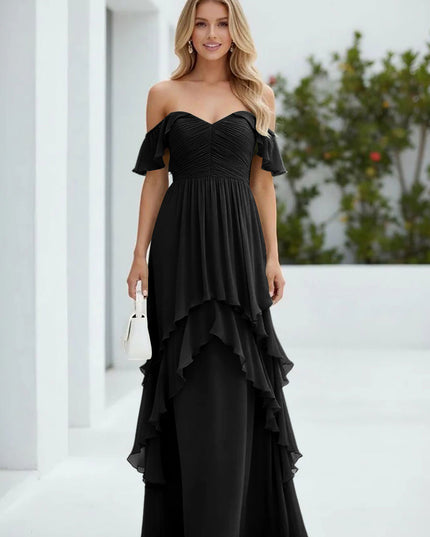 Chiffon Off the Shoulder Pleated Tiered Bridesmaid Dresses