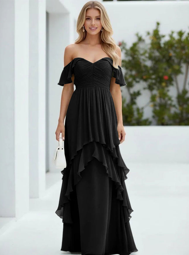 Chiffon Off the Shoulder Pleated Tiered Bridesmaid Dresses