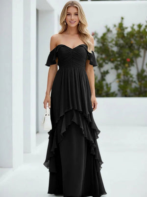 Chiffon Off the Shoulder Pleated Tiered Bridesmaid Dresses