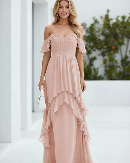 Chiffon Off the Shoulder Pleated Tiered Bridesmaid Dresses
