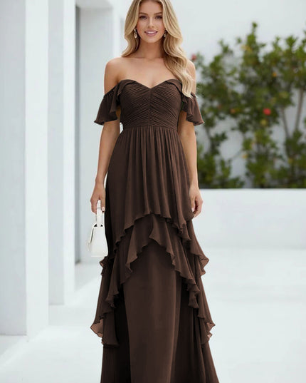 Chiffon Off the Shoulder Pleated Tiered Bridesmaid Dresses