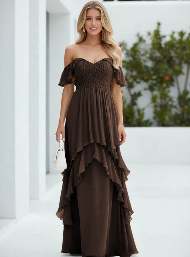 Chiffon Off the Shoulder Pleated Tiered Bridesmaid Dresses