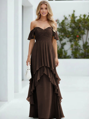 Chiffon Off the Shoulder Pleated Tiered Bridesmaid Dresses