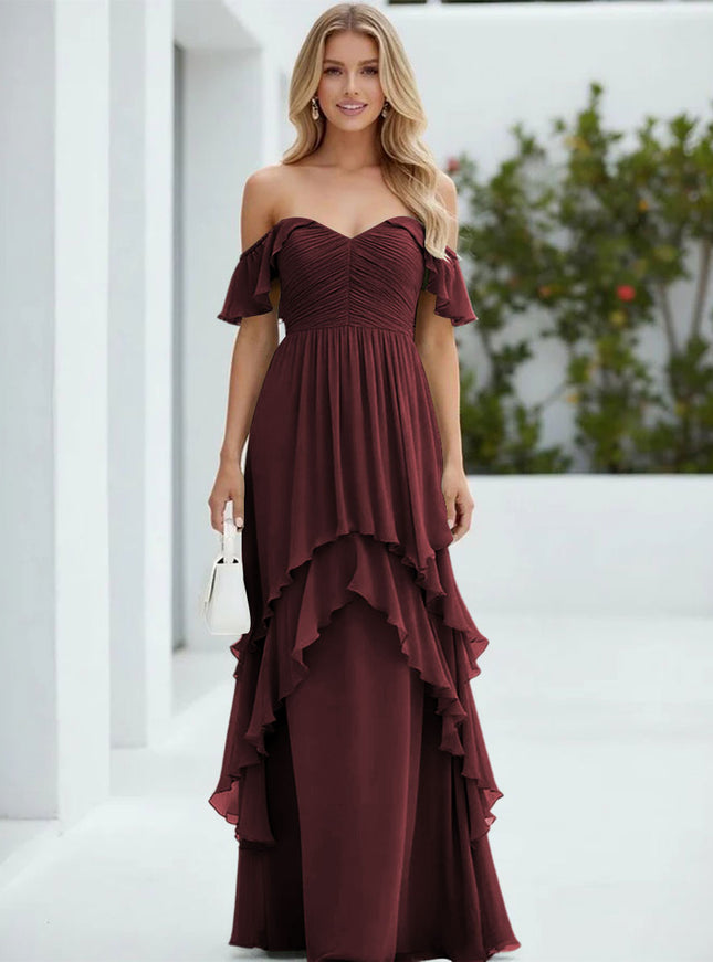 Chiffon Off the Shoulder Pleated Tiered Bridesmaid Dresses