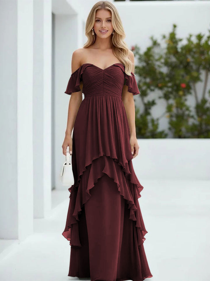 Chiffon Off the Shoulder Pleated Tiered Formal Dresses