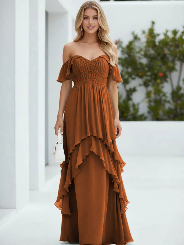 orange off shoulder pleated chiffon dress Customized Off-shoulder Georgette Prom Dresses for Women Pleated A Line with Slit Ruching Prom Gown