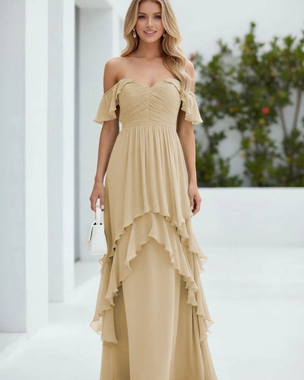 Chiffon Off the Shoulder Pleated Tiered Bridesmaid Dresses