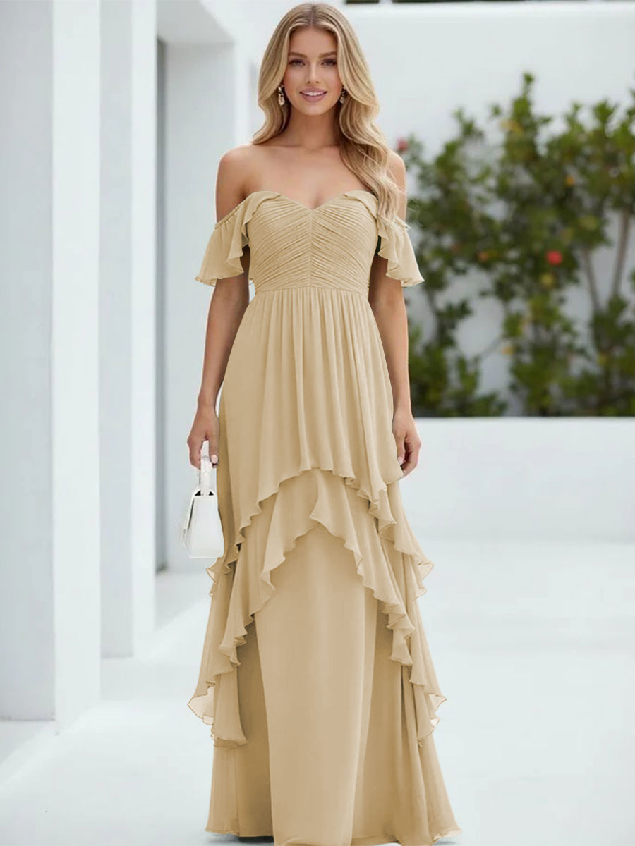 Chiffon Off the Shoulder Pleated Tiered Formal Dresses