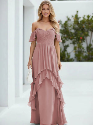 Chiffon Off the Shoulder Pleated Tiered Bridesmaid Dresses