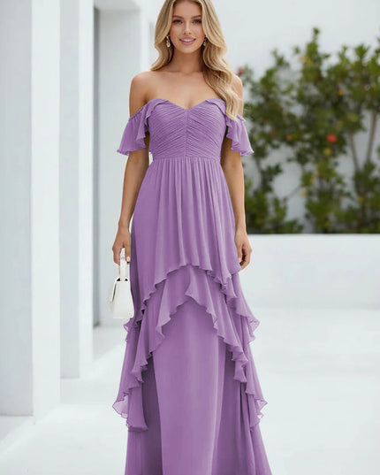 Chiffon Off the Shoulder Pleated Tiered Bridesmaid Dresses