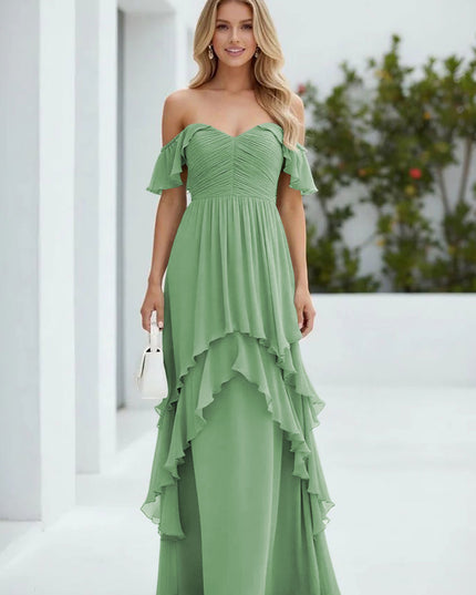 Chiffon Off the Shoulder Pleated Tiered Bridesmaid Dresses