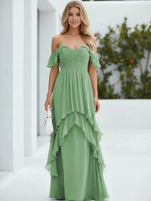 Chiffon Off the Shoulder Pleated Tiered Bridesmaid Dresses