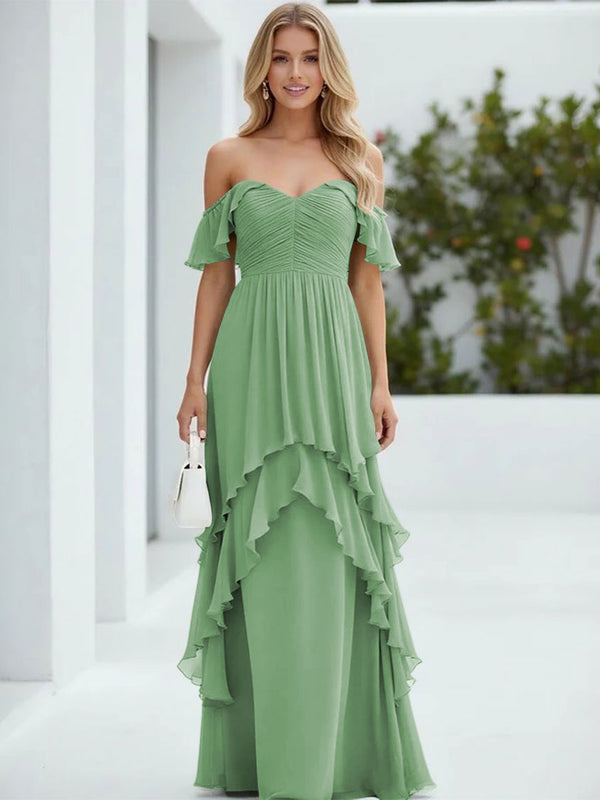 Chiffon Off the Shoulder Pleated Tiered Bridesmaid Dresses