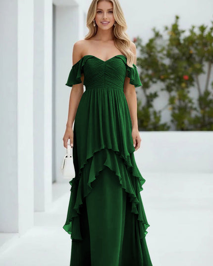 Chiffon Off the Shoulder Pleated Tiered Bridesmaid Dresses