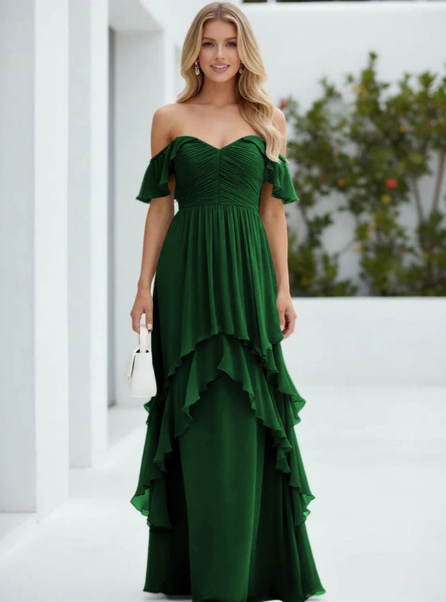 Chiffon Off the Shoulder Pleated Tiered Bridesmaid Dresses