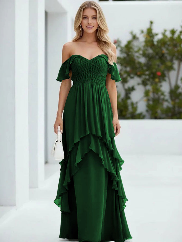 Chiffon Off the Shoulder Pleated Tiered Formal Dresses