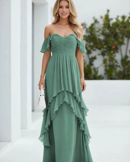 Chiffon Off the Shoulder Pleated Tiered Bridesmaid Dresses